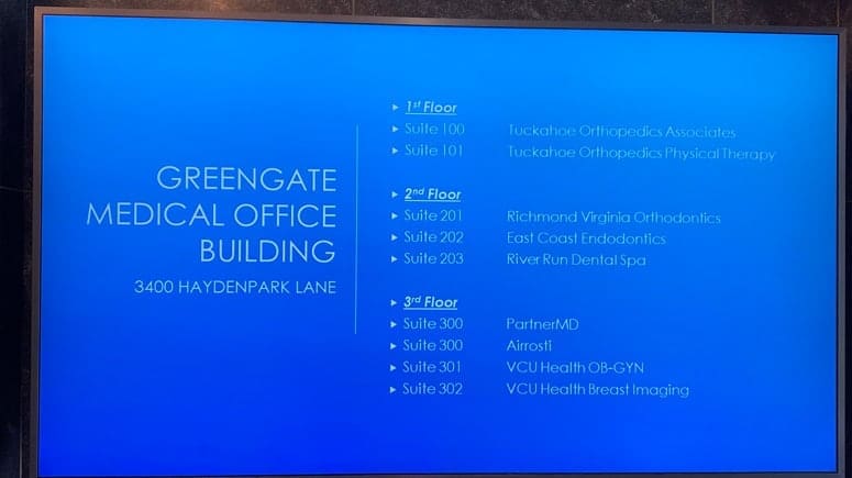 The Greengate Medical Office Building directory, showing Airrosti PartnerMD Short Pump listed in suite 300