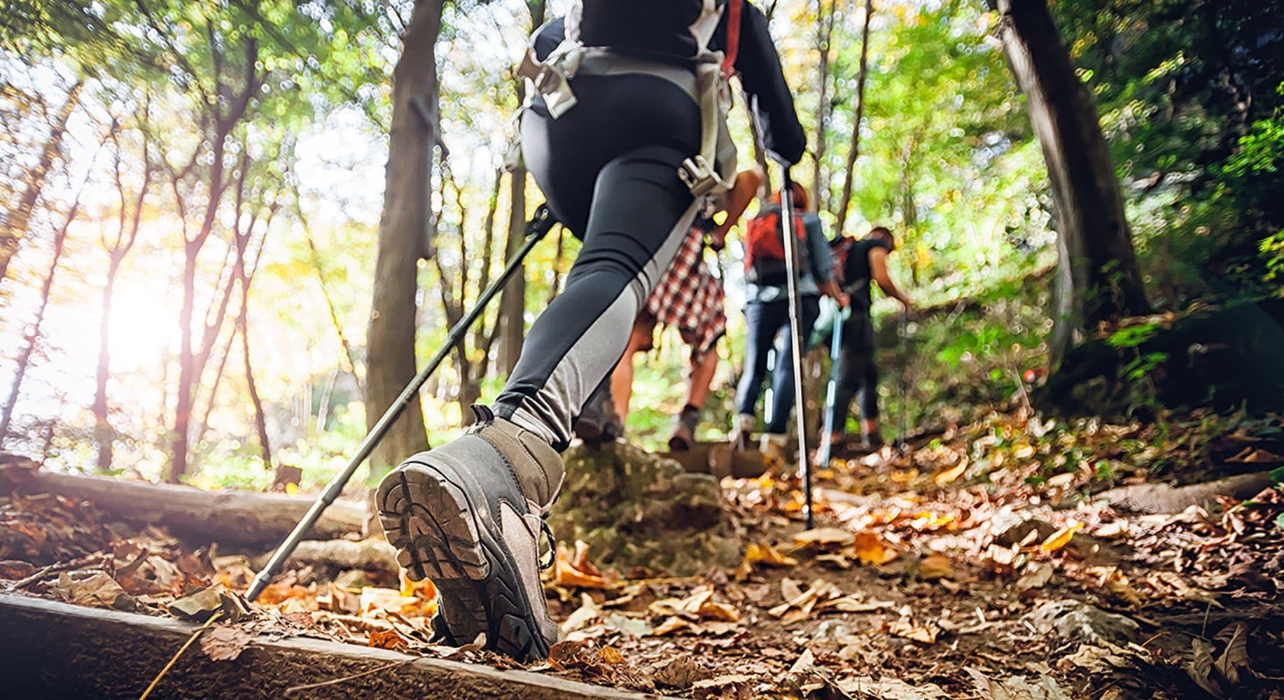 Hiker woman with trekking sticks climbs steep on mountain trail, focus on boot